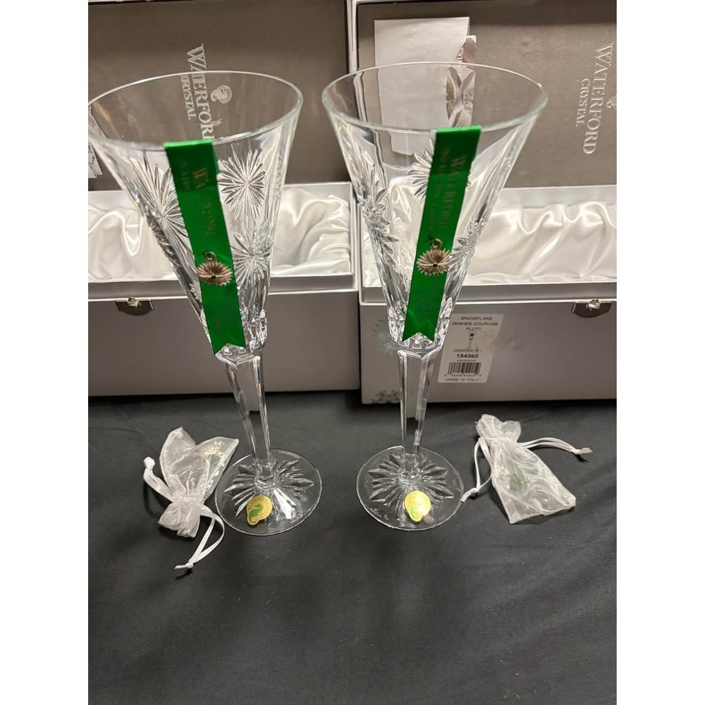 Waterford Snowflake Wishes Courage Crystal Champagne Flutes Pair Unused w/ Box